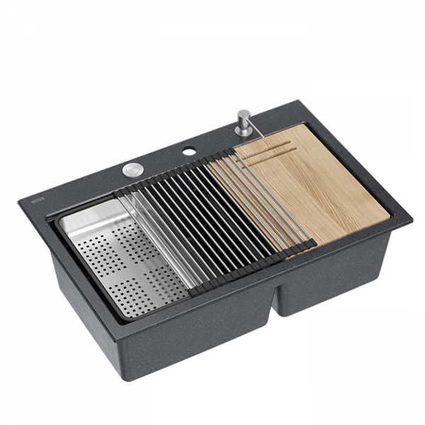 Quadron MARC 120 WORKSTATION GraniteQ zlewozmywak 2-komorowy 760*500*235 mm black diamond + syfon push to open + dozownik stal szcz.+ wkładka ociekowa+ Qmata +deska/ elementy stalowe HQC7650U8BS