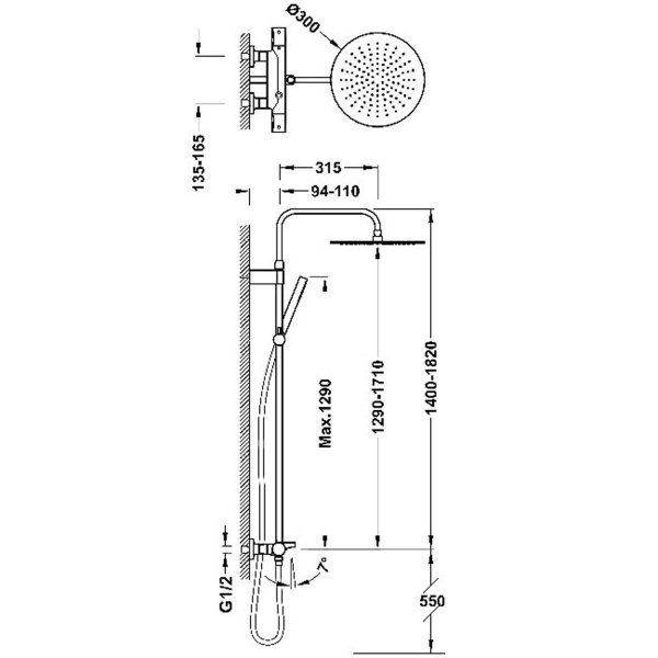 Tres OVER-WALL Zestaw baterii termostatycznej naściennej 3-drożnej wannowej i prysznicowej 19031202OM