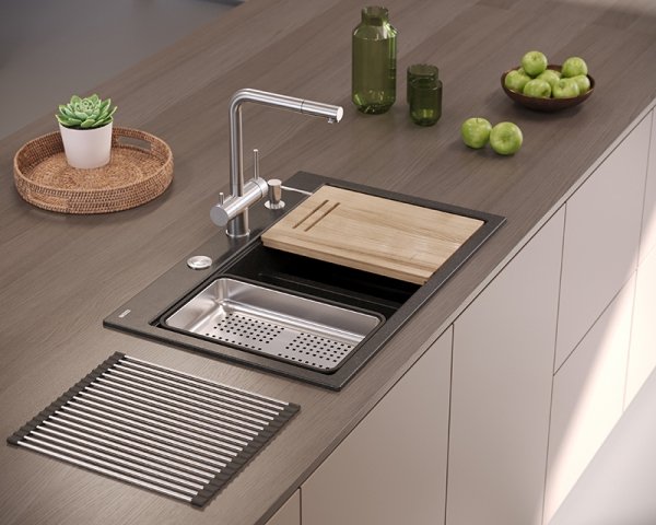 Quadron MARC 120 WORKSTATION GraniteQ zlewozmywak 2-komorowy 760*500*235 mm black diamond + syfon push to open + dozownik + deska + wkładka / elementy złote HQC7650U8PVDG1