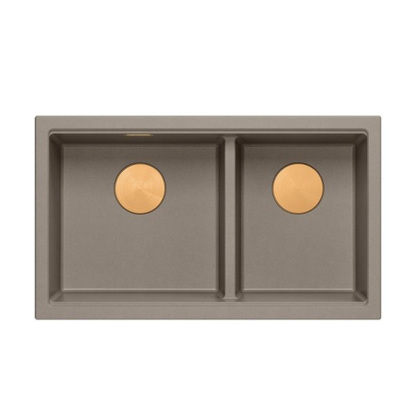 QUADRON | LOGAN 120 | granitowy zlewozmywak kuchenny SOFT TAUPE + MIEDŹ PVD | wymiar: 76 x 45 x 23,5 cm | 2-komorowy podwieszany | podbudowa szafki od: 80 cm HQL7645U4PVDC1U