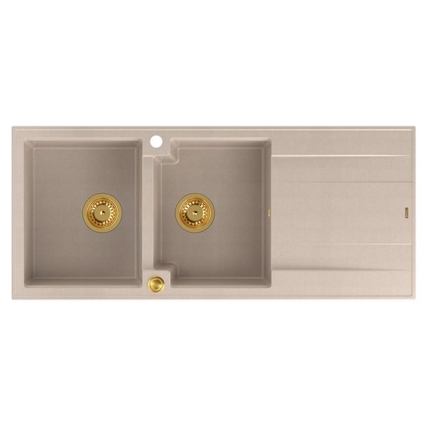 Quadron EVAN 121 GraniteQ zlewozmywak z syfonem Push To Open 2-komorowy z/o (1160x500x210; kom. 420x340) pearl beige / elementy złote HQE11650U2PVDG1P2O