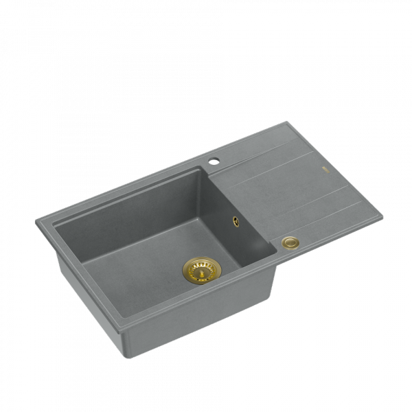 QUADRON EVAN 136 XL GraniteQ zlewozmywak z syfonem Push To Open 1-komorowy z/o (860x500x210; kom. 420x490) silver stone / elementy złote HCQE58650U5PVDG1P2O