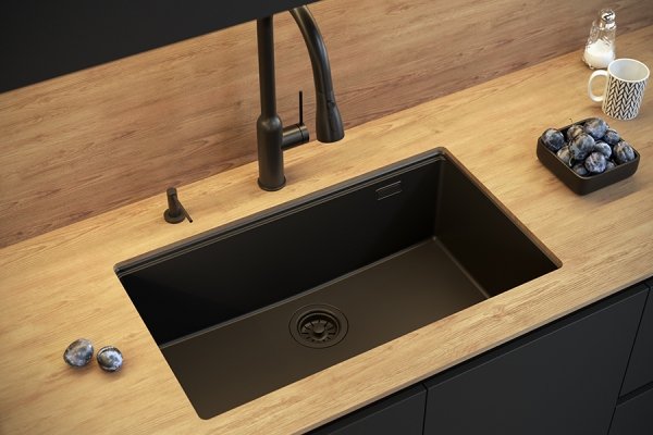 Quadron LOGAN 110 GraniteQ zlewozmywak black diamond 76x44x23,5 cm 1-komorowy podwieszany z syfonem manualnym miedziany HQD7644U8PVDC1U