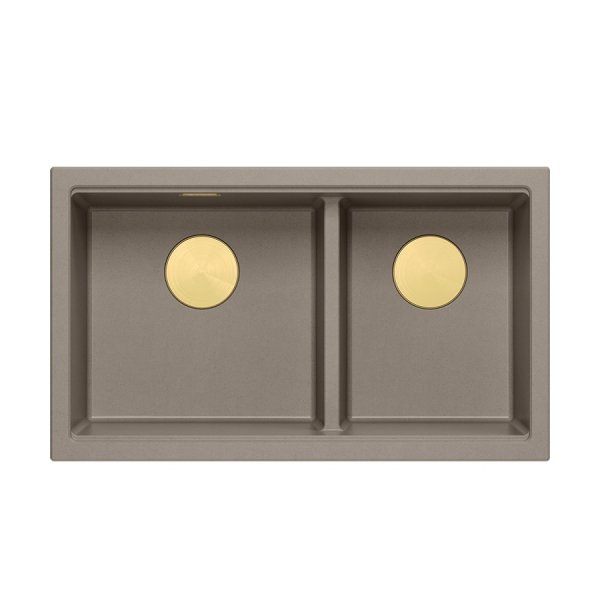 QUADRON | LOGAN 120 | granitowy zlewozmywak kuchenny SOFT TAUPE + ZŁOTO PVD | wymiar: 76 x 45 x 23,5 cm | 2-komorowy wpuszczany | podbudowa szafki od: 80 cm HQL7645U4PVDG1I