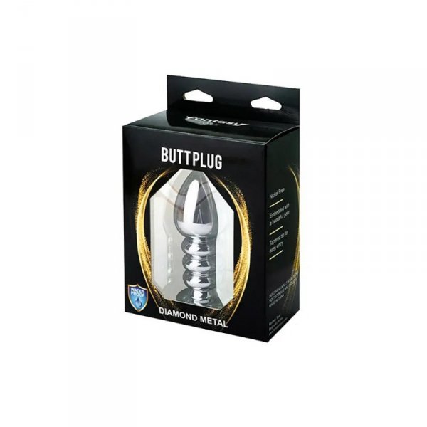 Silver large ribbed butt plug with black crystal