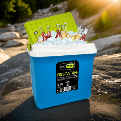 Lodówka turystyczna 29,5L KAMAI FIESTA na wkłady mrożące, błękitna z zieloną pokrywą i uchwytem