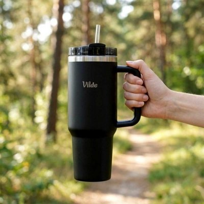 STALOWY KUBEK TERMICZNY TERMOS 1200ml Z RĄCZKĄ I SŁOMKĄ 259444