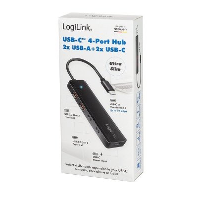 Hub USB-C, 4-porty 2x USB-A,2xUSB-C, czarny
