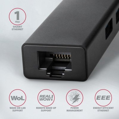 AXAGON HMA-GL3A Wieloportowy hub USB 4in1, 5Gbps, 3x USB-A + GLAN, metalowy, 20cm USB-A kabel