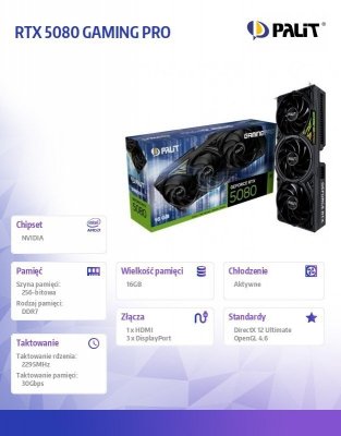 Palit Karta graficzna RTX 5080 GAMING PRO 16GB GDDR7 256bit 3DP/HDMI