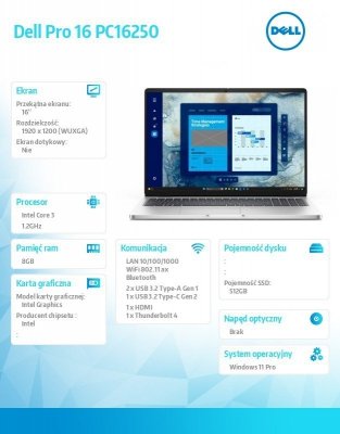 Dell Laptop Dell Pro 16 PC16250 W11P C3 100U/8GB/512GB/16.0 FHD+/Int/FgrPr/Cam&Mic/WLAN+BT/BcklKb/3C/3YPS Magnetite color, textu