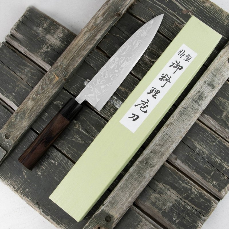 Hideo Kitaoka Shirogami Satin Damascus Nóż Miroshi Deba 21cm