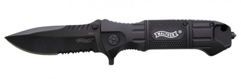 Nóż Walther Black Tac BTK - Nóż składany do survivalu i codziennego użytku, stal 440, ergonomiczny uchwyt, wybijak do szyb - 100 mm - Walther