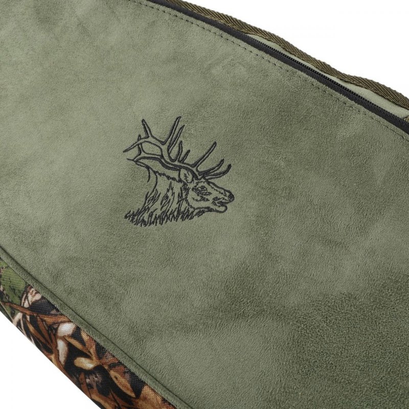 Pokrowiec na broń LPZKAM 05 1,25m, kolor kamuflaż leśny/zamsz oliwkowy, haft głowa jelenia czarna