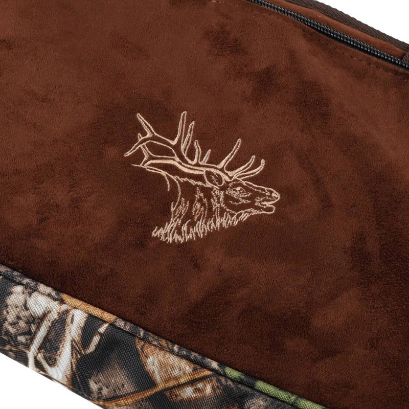 Pokrowiec na broń LPZKAM 01 1,25m, kolor kamuflaż leśny/zamsz brąz, haft głowa jelenia beż