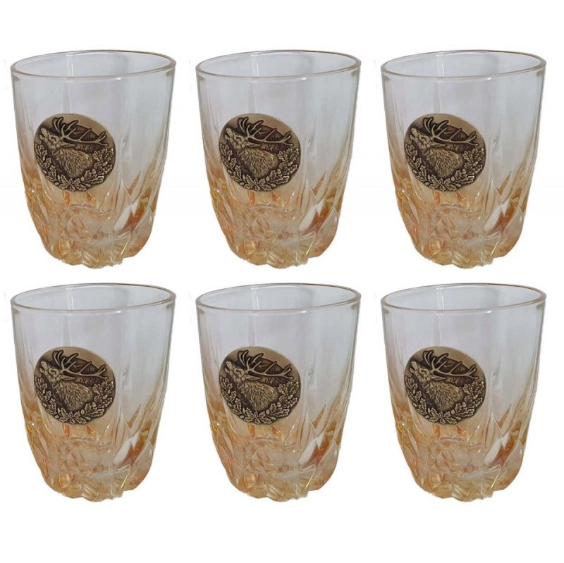 Szklanki do whisky Golden Fox Fire Amber Jeleń zdobione odlewanym elementem, bursztynowy natrysk 6 szt.