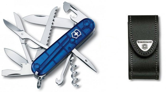 Scyzoryk Victorinox Huntsman 1.3713.T2 - Wielofunkcyjny nóż składany z korkociągiem, nożyczkami, śrubokrętem, do kempingu i survivalu - Niebieski przezroczysty, z etui