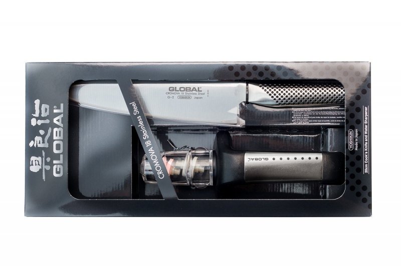 Zestaw Starter Nóż szefa kuchni G-2 + Ceramiczna Ostrzałka Wodna G91 Global