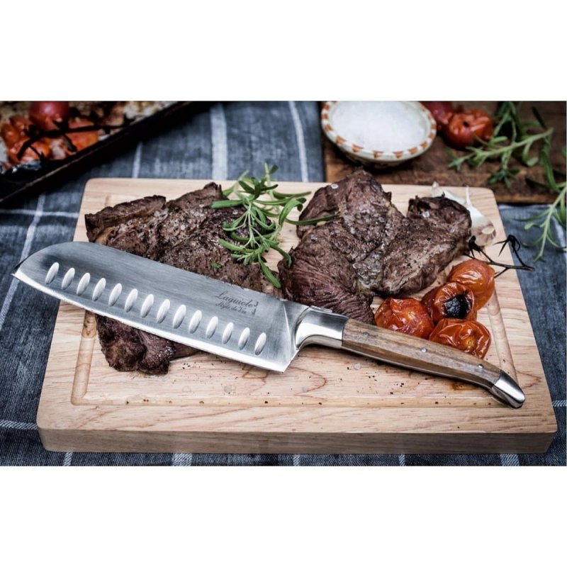 Zestaw Luxury Line - Nóż Santoku z oliwnego drewna i deska do krojenia