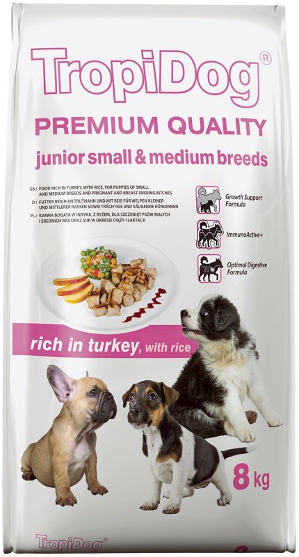 Tropidog Premium Junior S&amp;M Turkey&amp;Rice karma dla psów Junior z indykiem i ryżem 8kg