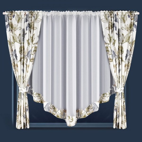Gotowy komplet Leticja: biała firana woalowa z bocznymi zasłonami w kwiaty na karniszu rurkowym.