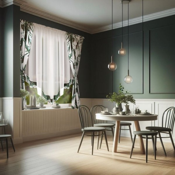 Aranżacja okna w stylu botanicznym z kompletem Selena w jasnej jadalni.