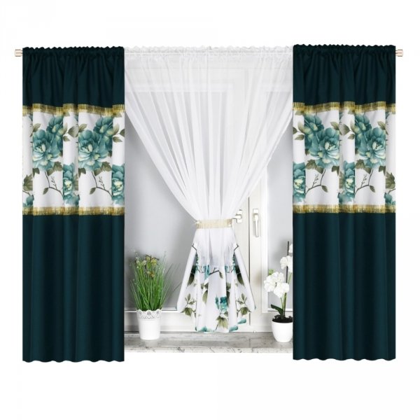 Komplet dekoracyjny zasłon z cyrkoniami oraz firaną w kwiaty 400 × 155 cm - Nelli.pl