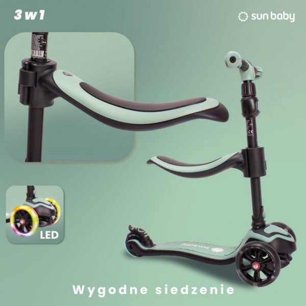 Rowerek biegowy hulajnoga deskorolka Flash 3 w 1 z kołami LED - zielony