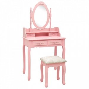 Toaletka ze stołkiem, różowa, 75x69x140 cm, drewno paulowni