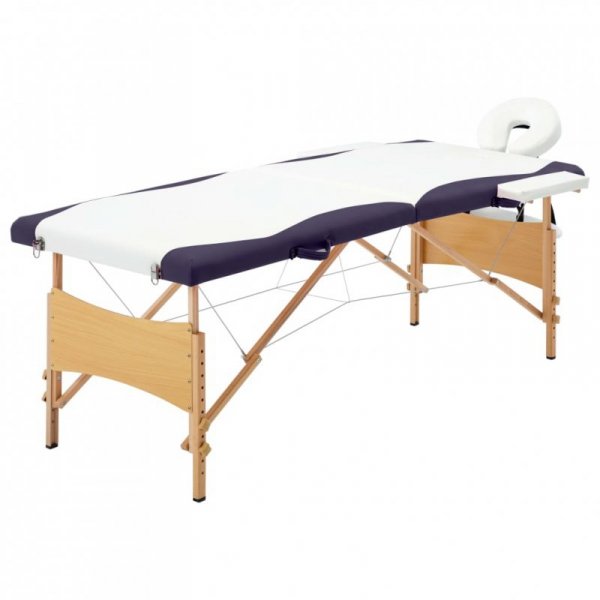 Składany stół do masażu, 2 strefy, drewniany, biało-fioletowy