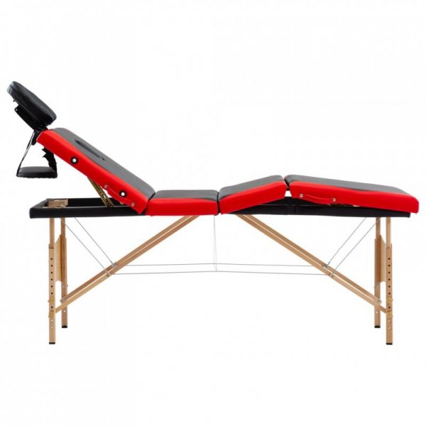 Składany stół do masażu, 4 strefy, drewniany, czarno-czerwony