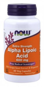 NOW FOODS ALA - Kwas Alfa Liponowy 600 mg + Ekstrakt z Winogron + Bioperyna (60 kaps.)