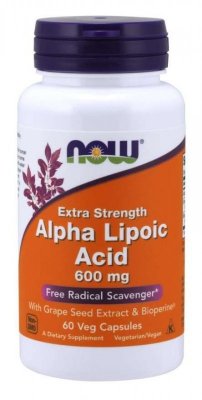 NOW FOODS ALA - Kwas Alfa Liponowy 600 mg + Ekstrakt z Winogron + Bioperyna (60 kaps.)