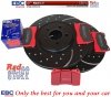 Przednie CERAMICZNE klocki RedStuff + NAWIERCANE NACINANE tarcze hamulcowe 355mm EBC seria GD Ford Mustang 2005-2014