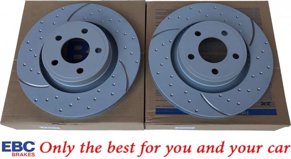 Przednie klocki YeloowStuff + NAWIERCANE NACINANE tarcze hamulcowe 320mm EBC seria GD Ford Mustang 2015-