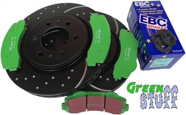 Przednie klocki GreenStuff + NAWIERCANE NACINANE tarcze hamulcowe EBC seria GD Ford Expedition 2011-