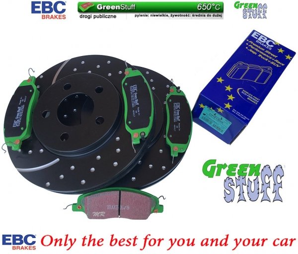 Przednie klocki GreenStuff + WIERCONE NACINANE tarcze hamulcowe 293mm EBC serii GD Ford Mustang 2005-2010