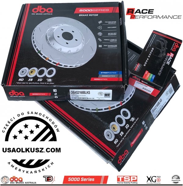 Przednie klocki RACE PERFORMANCE + dwuczęściowe pływające tarcze hamulcowe DBA seria 5000 T3 Ford Mustang 5,0 V8 2015-