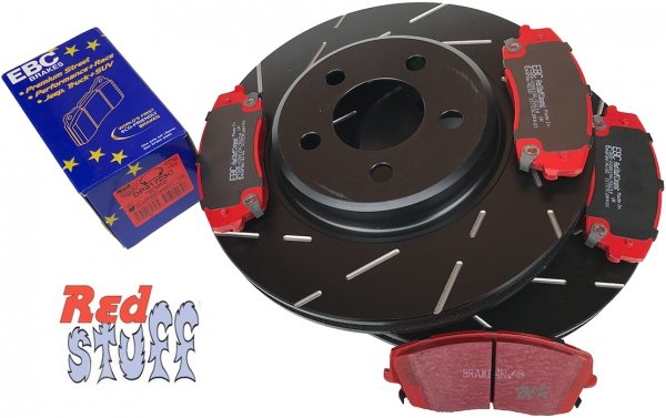 Przednie CERAMICZNE klocki RedStuff + NACINANE tarcze hamulcowe 320mm EBC seria USR Dodge Challenger RWD V6