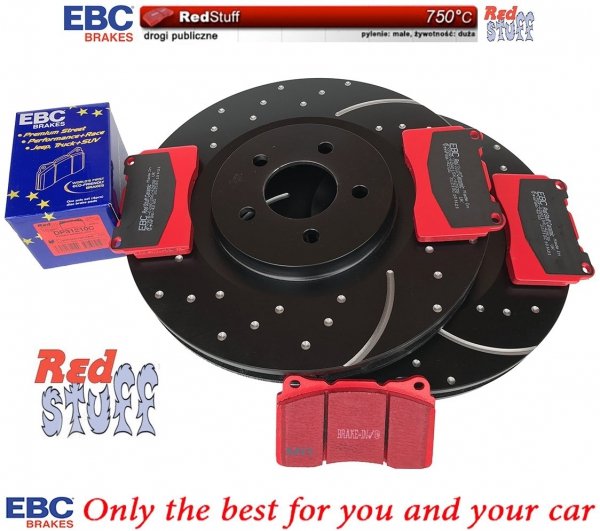 Przednie CERAMICZNE klocki RedStuff + NAWIERCANE NACINANE tarcze hamulcowe 355mm EBC seria GD Ford Mustang 2005-2014