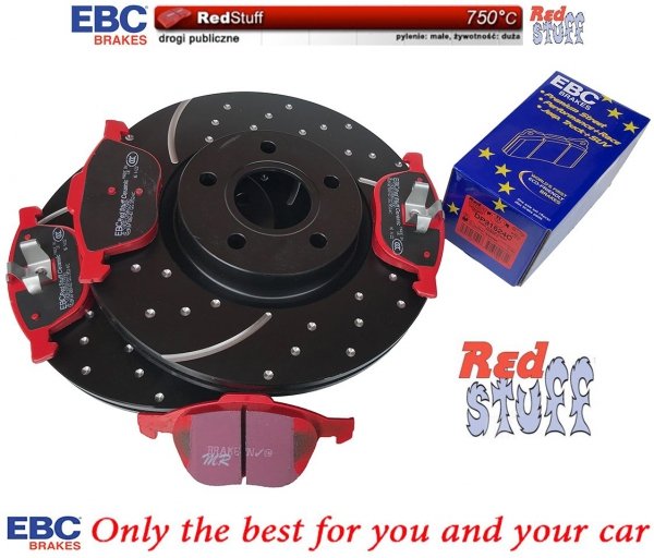 Przednie CERAMICZNE klocki RedStuff + NAWIERCANE NACINANE tarcze hamulcowe 300mm EBC seria GD Ford Escape FWD 2013-2019