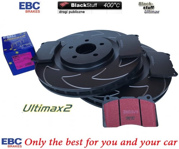 Przednie klocki Ultimax2 + NACINANE tarcze hamulcowe 355mm EBC seria BSD Ford Mustang 2005-2014