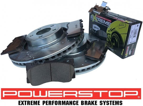 Przednie klocki + WIERCONE tarcze hamulcowe 352mm POWERSTOP Ford Mustang 2015-
