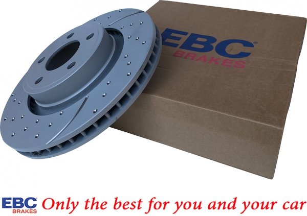 Przednie klocki YeloowStuff + NAWIERCANE NACINANE tarcze hamulcowe 320mm EBC seria GD Ford Mustang 2015-