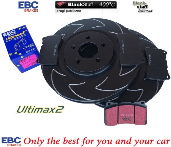 Przednie klocki Ultimax2 + NACINANE tarcze hamulcowe 355mm EBC seria BSD Ford Mustang 2005-2014