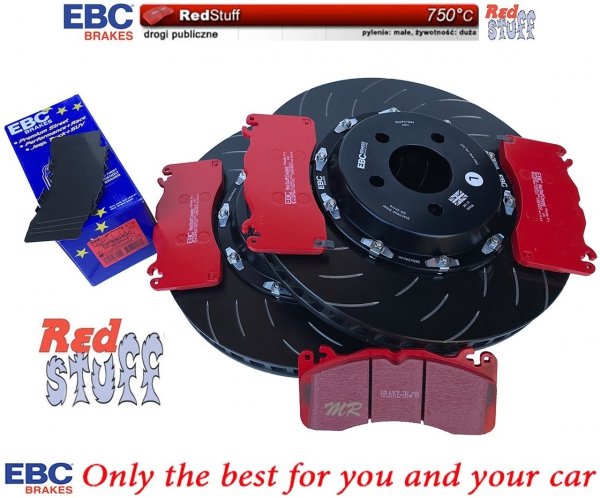 Przednie CERAMICZNE klocki RedStuff + SPORTOWE PŁYWAJĄCE tarcze EBC seria SG Racing Ford Mustang 5,0 V8 2015-