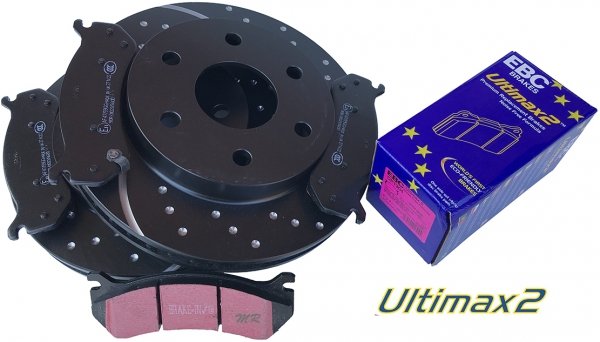 Przednie klocki Ultimax2 + NAWIERCANE NACINANE tarcze hamulcowe EBC seria GD GMC Yukon -2006