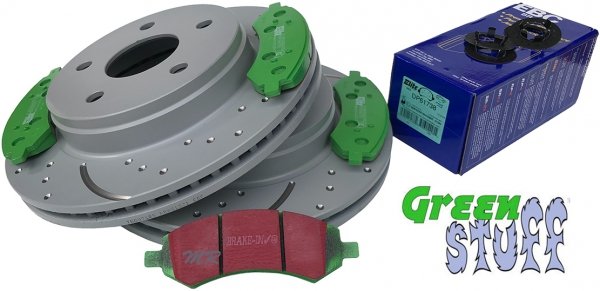 Przednie klocki GreenStuff + nawiercone nacinane tarcze hamulcowe EBC seria GD Dodge Durango 2007-2009