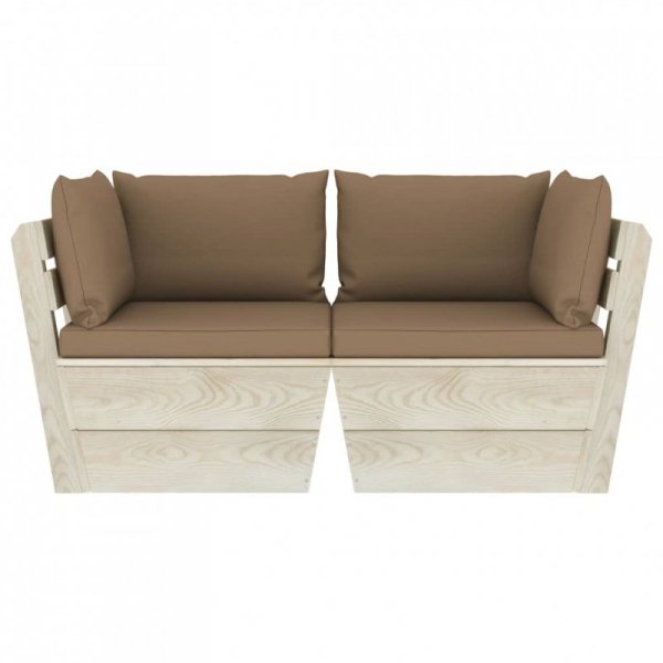 Ogrodowa sofa 2-osobowa z palet, z poduszkami, drewno świerkowe