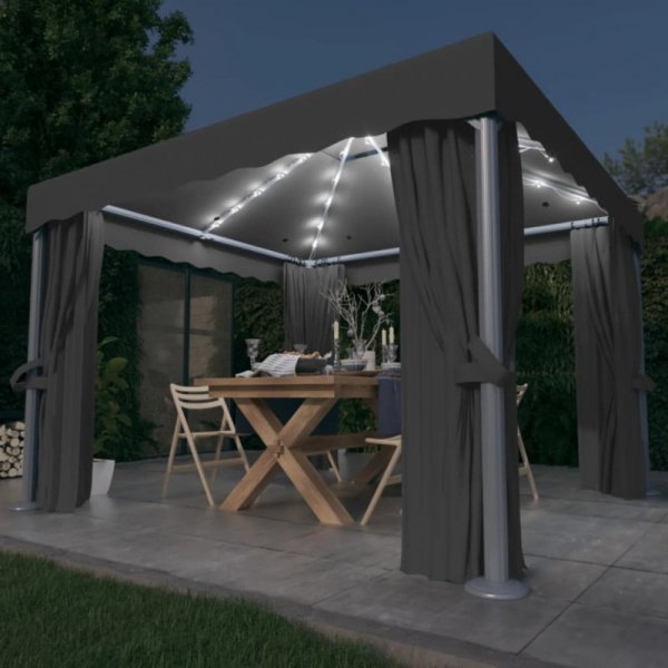 Altana z zasłonami i sznurem lampek LED, 3x3 m, antracytowa